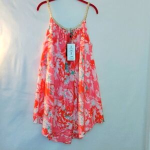 Kaktus NWT XL bright, bold colors, floral tunic dress,gold braided metallic neck